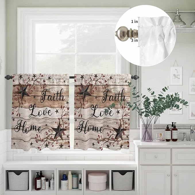 Kitchen Curtains Tiers and Valance Set of 3, Rustic Star Brown Light Filtering Window Curtain Set, Vintage Plants Berry Wooden Grain Rod Pocket Curtain Drapes for Cafe, Living Room, 36 Inches Tiers