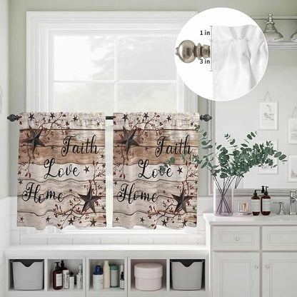 Kitchen Curtains Tiers and Valance Set of 3, Rustic Star Brown Light Filtering Window Curtain Set, Vintage Plants Berry Wooden Grain Rod Pocket Curtain Drapes for Cafe, Living Room, 36 Inches Tiers
