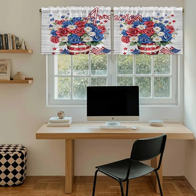 Independence Day Kitchen Tier Curtains 36 Inch Long 2 Panel Set,Rod Pocket Half Window Curtains Over Sink,4 of July Rose Wooden Grain Vintage Light Filtering Short Drapes Cafe 27.5"W x 36"L