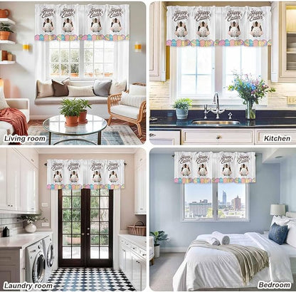 Grey Easter Curtain Valances for Windows, Kitchen Valance Window Treatment, Spring Cartoon Bunny Colorful Eggs Wood Grain Light Filtering Block Curtains for Bathroom/Bedroom/Living Room 42'' x 12''