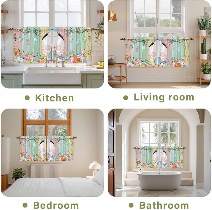 Easter Kitchen Tier Curtains 36 Inch Long 2 Panel Set,Rod Pocket Half Window Curtains Over Sink,Spring Colorful Bunny Eggs Flower Wood Grain Light Filtering Short Drapes Cafe 27.5"W x 36"L