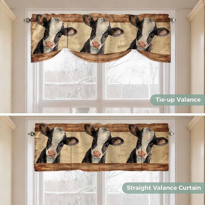 Farmhouse Cow Tie Up Valance Curtains for Windows, Kitchen Curtains Window Shades, Country Vintage Animals Wooden Grain Light Filtering Roman Curtain Valances for Bedroom/Bathroom/Cafe 60"x18"
