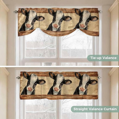 Farmhouse Cow Tie Up Valance Curtains for Windows, Kitchen Curtains Window Shades, Country Vintage Animals Wooden Grain Light Filtering Roman Curtain Valances for Bedroom/Bathroom/Cafe 60"x18"