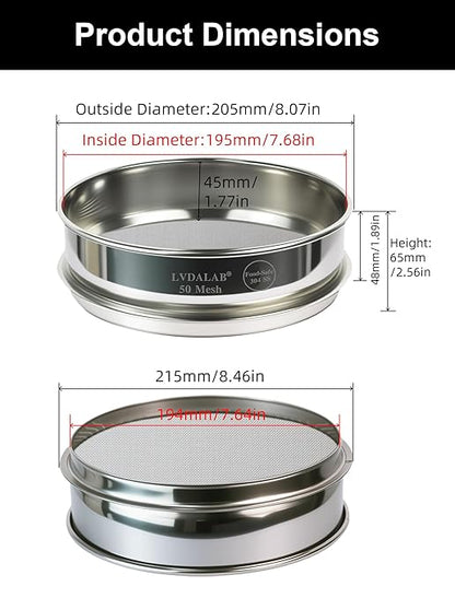 All 304 Stainless Steel 50 Mesh Test Sieve (0.355mm Aperture), 8Inch/20cm Diameter, Powder Sifter & Strainer, Multi-Use Lab Screen for Metal Powder, Spices & Industrial Sampling