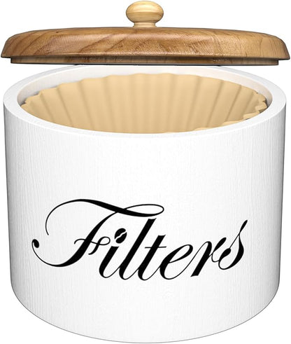 Coffee Filter Holder, Wooden Coffee Filter Storage with Lid, Round CoffeeFilterContainer for Counter, Rustic Farmhouse Bar Accessories Decor (White)