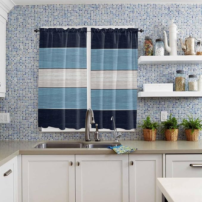 Vintage Country Woodcuts Window Valance Curtains, Blue Gradient Striped Light Filtering Kitchen Valance with 3-inch Rod Pocket for Living Room Bathroom Bedroom,2 Panel,42x63In