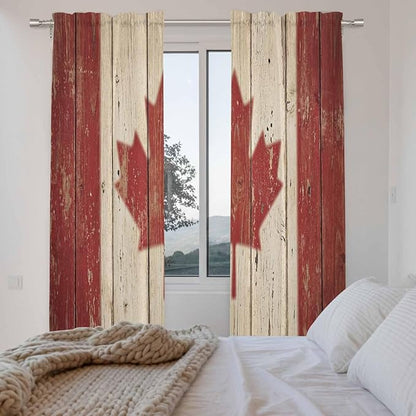 Canada Kitchen Curtains, Red Maple Leaf Flag Vintage Farmhouse Wooden Grain Light Filtering Window Curtain Panels, 2Pcs Rod Pocket Window Treatments Set for Living Room Bathroom Bedroom 52x72 Inches