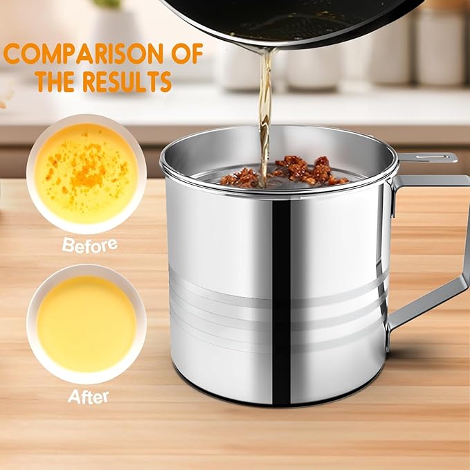 Chihee Grease Container Stainless Steel Bacon Grease Saver with Fine Mesh Strainer 1.2L / 40 fl oz Oil Container Grease Can with Dust-proof Lid Non-slip Tray for Kitchen Storing Frying Cooking Grease