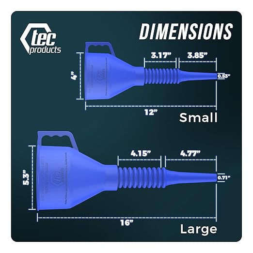 TEC Products FlexAll Long Flexible Funnels - Automotive Oil Funnel with Hose, Durable Nitrile Rubber for Oil Change, Transmission Funnel Fluid, Diesel, Fuel, Gas - Made in USA - Blue (12 x 4 Inches)