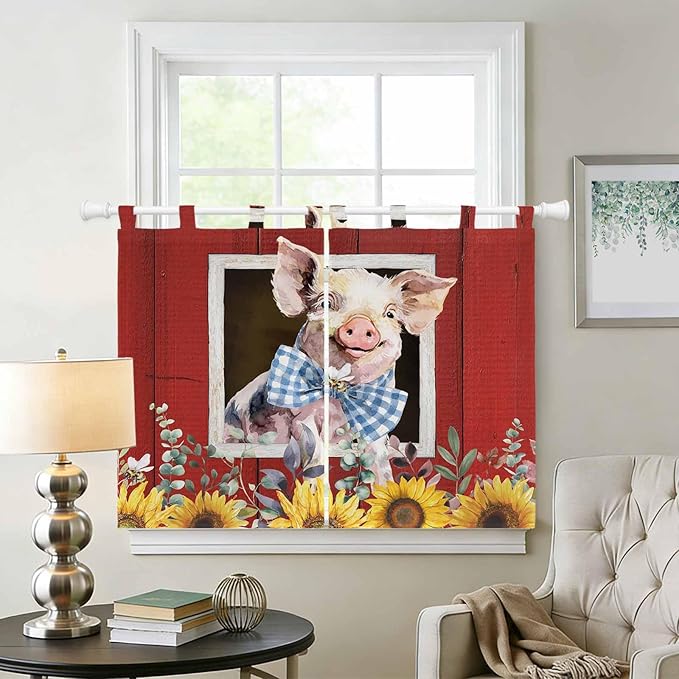 Pig Sunflowers Bedroom Curtains 63 Inch Length, Window Curtains Tab Top, Eucalyptus Leaves Floral Bees Red Barn Light Filtering Window Treatments Drapes 42"x63" 2 Panel