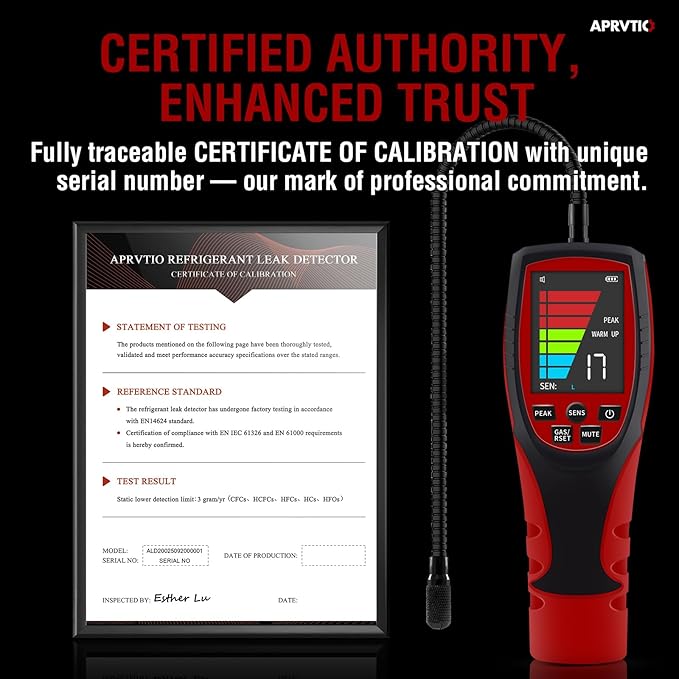 HVAC Refrigerant Leak Detector, Aprvtio ALD-200 PRO Rechargeable Freon Leak Detector Combustible Gas Leak Detector 2.6' Large Screen, Freon Sniffer Visual and Audible Alarm for R134a A2L R454B