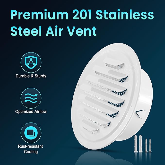 HG Power 4 Inch Soffit Vents, Metal Round Vent Cover with Screen Mesh, Louver Exhaust Vent for Wall, Ceiling Mount, Shed, Garage, Attic Ventilation, 2-Pack，White