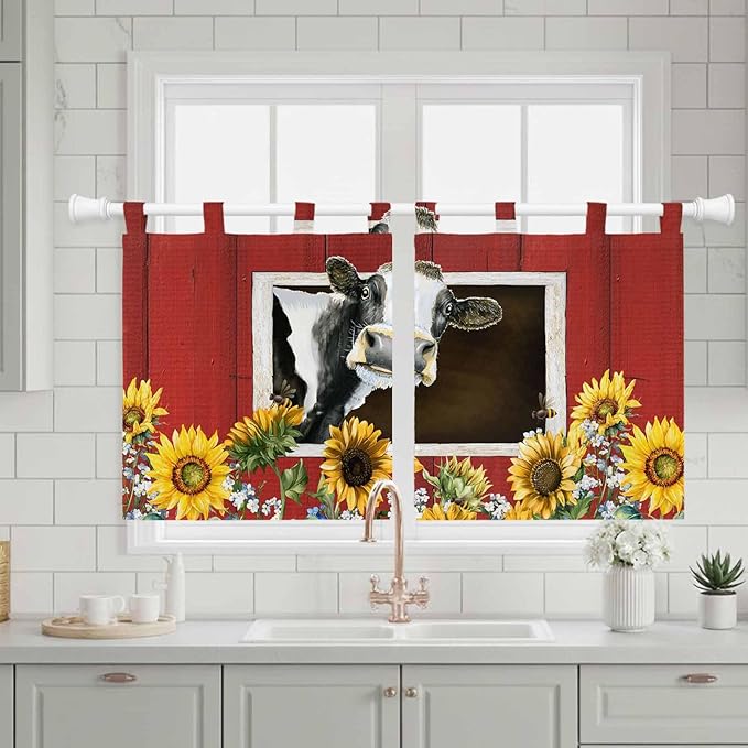 Cows Sunflowers Kitchen Curtains 36 Inch Length, Small Window Curtains Tab Top, Spring Botanical Floral Bees Red Barn Light Filtering Short Window Treatments Tier Drapes 27.5"x36" 2 Panel
