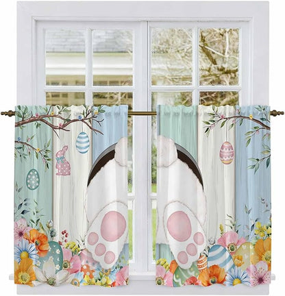 Easter Kitchen Curtains 54 Inch Long 2 Panel Set,Rod Pocket Window Curtains Panels,Spring Watercolor Bunny Eggs Wood Grain Teal Blue Light Filtering Drapery Draperies for Bathroom Bedroom 52"W x 54"L