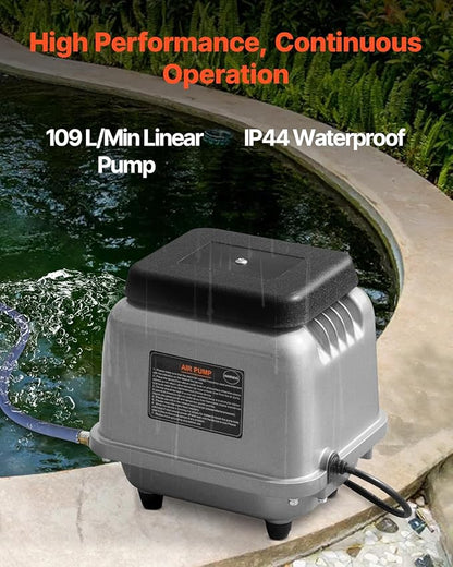 VEVOR Linear Air Pump, 109L/Min Air Flow Septic Aerator Pump, Oil-Free & Quiet Aeration System, for 1/2 Acre 10 FT Deep Ponds, Water Gardens, Waste Treatments, Aquarium, Seafood Restaurants, Fish Farm