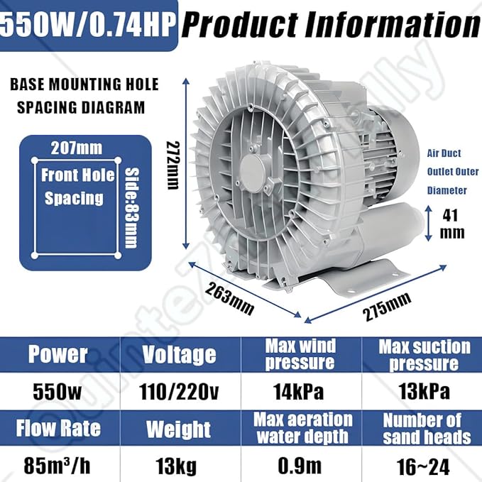 Vortex Ring Regenerative Blower,Single Phase High-Pressure Industrial Vacuum Pump,Electric Air Pump,for Industrial Applications,Construction Sites,Fish Pond Aeration 550W/0.74HP