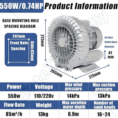Vortex Ring Regenerative Blower,Single Phase High-Pressure Industrial Vacuum Pump,Electric Air Pump,for Industrial Applications,Construction Sites,Fish Pond Aeration 550W/0.74HP