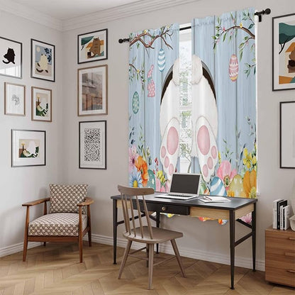 Easter Window Curtains 72 Inch Long 2 Panel Set,Rod Pocket Long Curtains & Drapes,Spring Watercolor Bunny Eggs Flower Wood Grain Blue Light Filtering Window Treatment for Bedroom 52"W x 72"L
