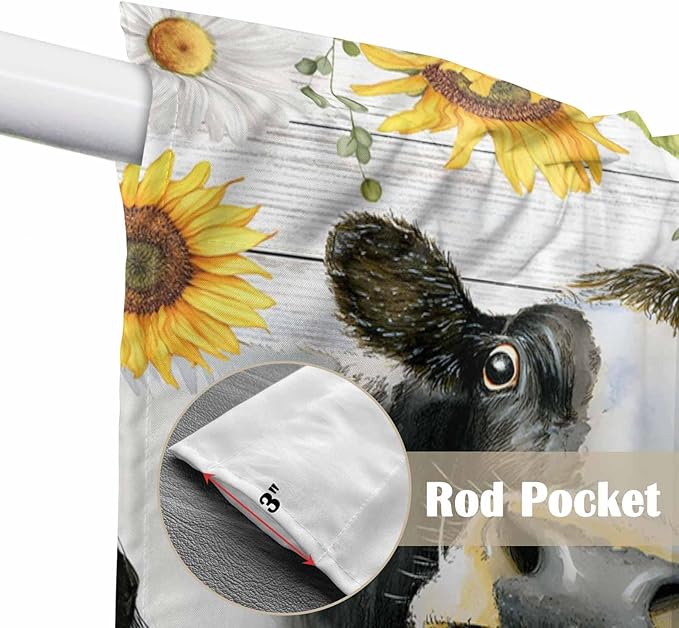 Retro Farmhouse Floral Swag Valances for Windows, Yellow Sunflowers Cows Butterfly Wood Rod Pocket Kitchen Curtains Valance, Small Window Curtains Swag for Cafe Living Room, 2 Panels, 28x36 inch