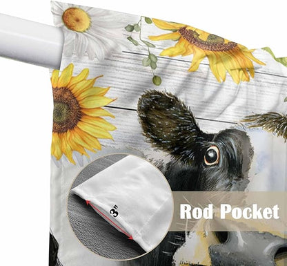 Retro Farmhouse Floral Swag Valances for Windows, Yellow Sunflowers Cows Butterfly Wood Rod Pocket Kitchen Curtains Valance, Kitchen Window Curtains Swag for Cafe Living Room, 2 Panels, 36x63 inch