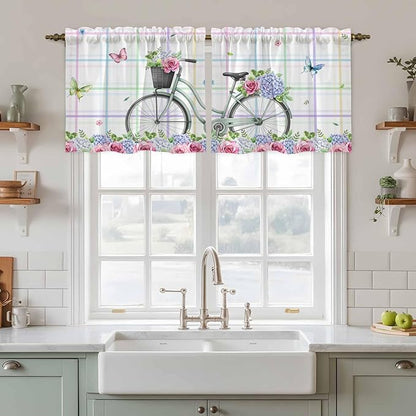 Spring Tier Curtains, Bicycles Botanical Leaves Rose Colorful Stripes Light Filtering Kitchen Curtains, 2Pcs Rod Pocket Half Window Treatments Panels for Sink Cafe Cabinet Camper 27.5x36 Inches