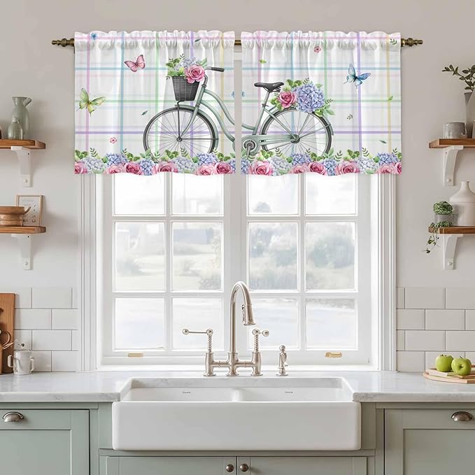 Spring Tier Curtains, Bicycles Botanical Leaves Rose Colorful Stripes Light Filtering Kitchen Curtains, 2Pcs Rod Pocket Half Window Treatments Panels for Sink Cafe Cabinet Camper 27.5x24 Inches