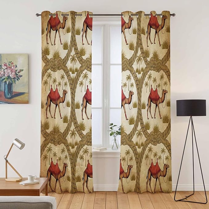 2 Panel Kitchen Cafe Curtains, Brown Desert Camels Sunlight Filtering Nature Air Through, Window Decor Tier Curtains for Living Room 104W x 90L inch Tropical Date Coconut Trees Cords Leaves