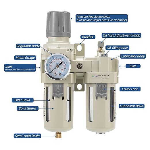 1/2" NPT Air Compressor Oil-Water Separator,Air Pressure Regulator,Compressed Air Filter Regulator Lubricator,Semi-Automatic Drain Polyethylene Bowl (0-150 PSI) Brass Components