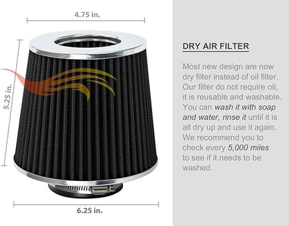 BLACK 6" 152 mm Inlet Truck Air Cone Replacement Performance Washable Clamp-On Dry Air Filter (8" Tall)