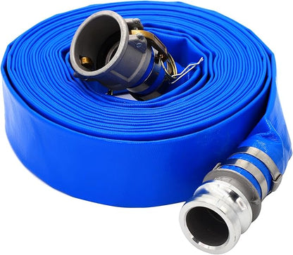 DAVCO 2" ID × 50 ft Pool Backwash Hose, Heavy Duty Reinforced Blue PVC Lay Flat Water Discharge Pump Hoses For Swimming Drain Pools and Clean Filters, with Aluminum Camlock C and E Fittings