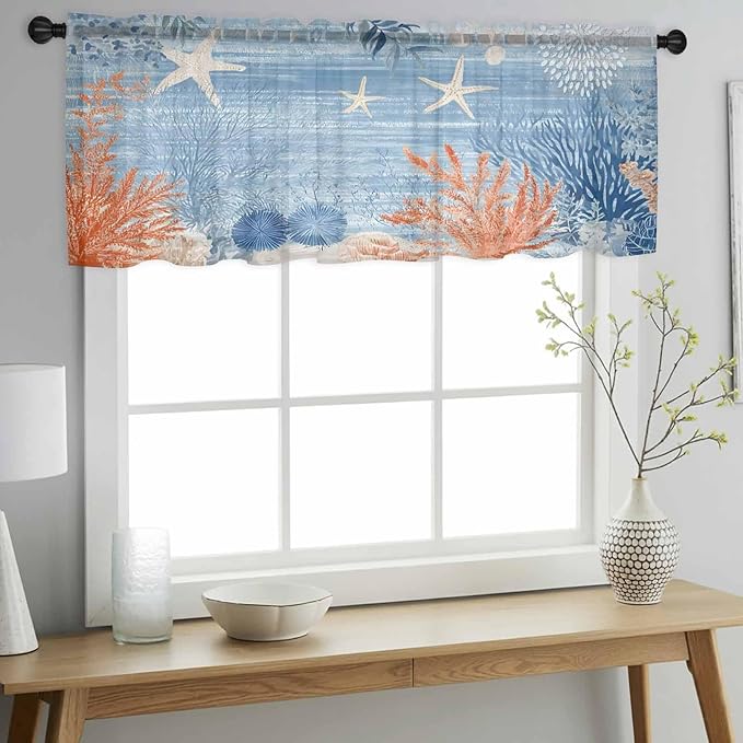 Ocean Corals Sheer Valance Curtains, Summer Beach Coral Sea Stars Blue Stripes Light Filtering Kitchen Valances Rod Pocket Voile Curtain Window Treatment for Bedroom/Living Room/Basement 60Wx18L