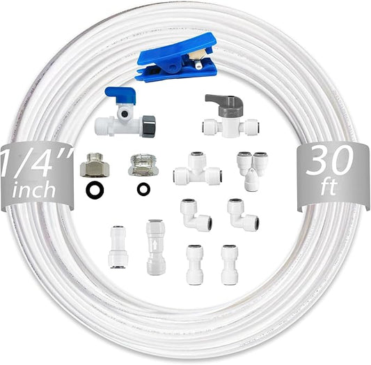 NSF 1/4" inch Water Line Tubing and Push to Connect Fittings for Reverse Osmosis Water Filter RO fittings (Feed water adapter Kits), 11 pcs connetors+30 feet 1/4" O.D. (6.4mm) water tubing.