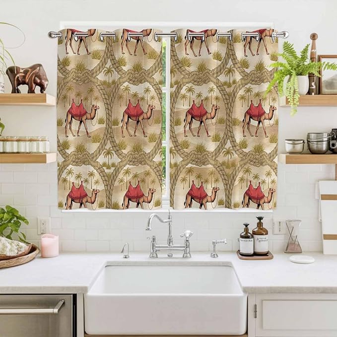 2 Panel Kitchen Cafe Curtains, Desert Camels Sunlight Filtering Nature Air Through, Home Decor Window Covering Tier Curtains for Living Room 104W x 63L inch Tropical Palm Trees Sand Cords Brown