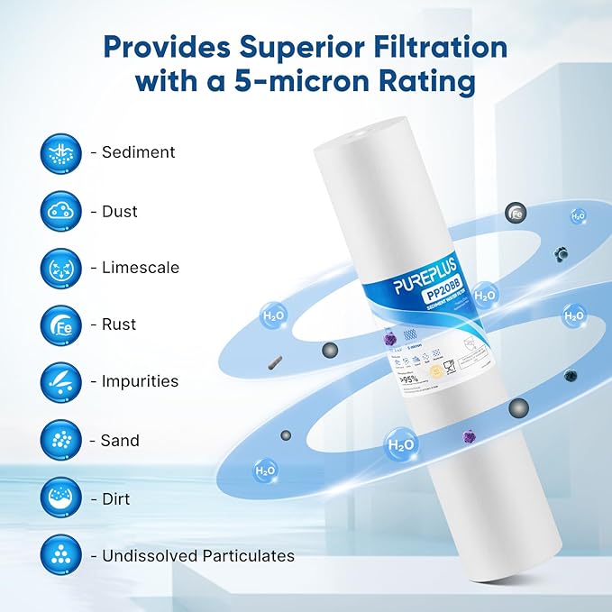 PUREPLUS 5 Micron 20" x 4.5" Whole House Sediment Home Water Filter Replacement Cartridge, Compatible with DGD-5005-20, AP810-2, P5-20BB, FP25B, FPMB5-20, 155358-43, SDC-45-2005, 4 Pack