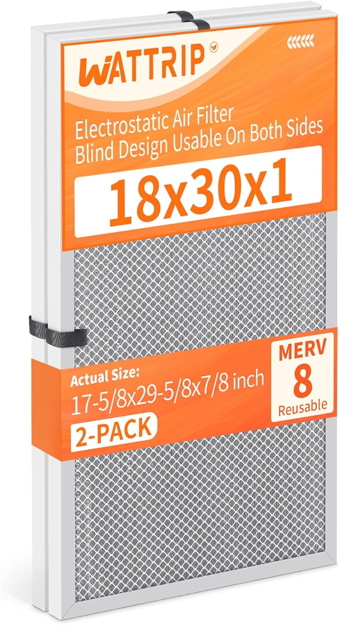 2-Pack 18x30x1 MERV 8 Reusable & Washable Electrostatic Air Filters - Long-Lasting Filter for HVAC, Furnace & Air Conditioner Units, Actual Size: 17-5/8” x 29-5/8” x 7/8”