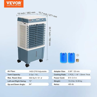 VEVOR Evaporative Air Cooler,1400 CFM 11X31 inch Air Cooler,3 Speeds Cooler Portable Air Conditioner,Energy-Saved Swamp Cooler for party,pool and patio,5 Gal Water Tank & 550 Sq.Ft…