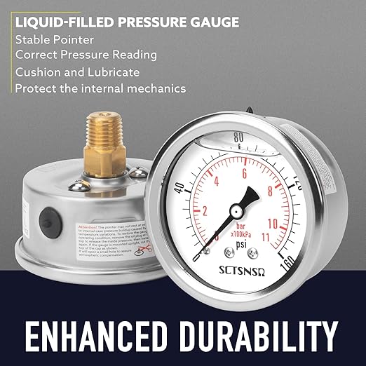 2-1/2" Dial Size, 0-160 Psi Pressure Gauge, Glycerin Liquid Filled, 1/4" NPT Back Mount, Stainless Steel Case, for Air Compressor, Well Pump, Water, RV, Tire, CO2, Pipe, Gas, Pressure Test