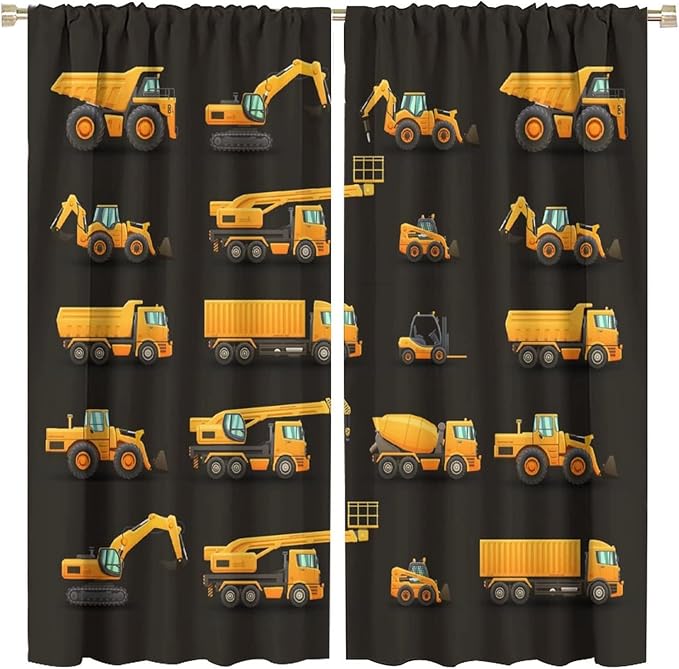 Kids Construction Window Curtains, Construction Machinery Equipment Mode of Transport Bulldozer Tractor Windows Curtain for Children Teens Room Decor 63x63in (30% Blackout)