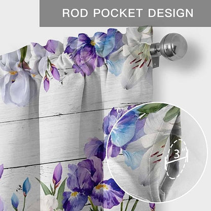 Spring Flowers Curtain Valances for Windows, Kitchen Valance Window Treatment, Watercolor Garden Florals Wooden Grain Light Filtering Block Curtains for Bathroom/Bedroom/Living Room 54'' x 18''
