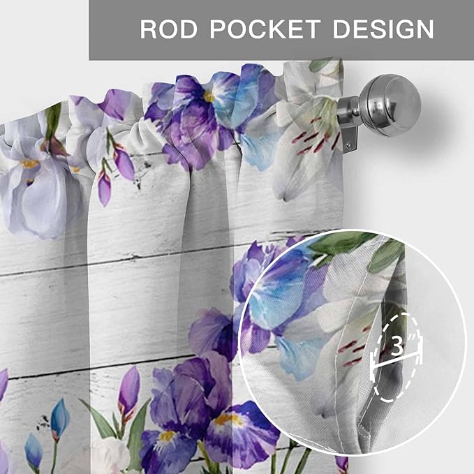 Spring Flowers Curtain Valances for Windows, Kitchen Valance Window Treatment, Watercolor Garden Florals Wooden Grain Light Filtering Block Curtains for Bathroom/Bedroom/Living Room 60'' x 18''