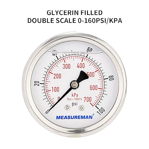 MEASUREMAN 2-1/2inch Dial Size, Glycerin Filled Pressure Gauge, 0-100psi/kpa, 304 Stainless Steel Case, 1/4 Inch NPT Center Back Mount