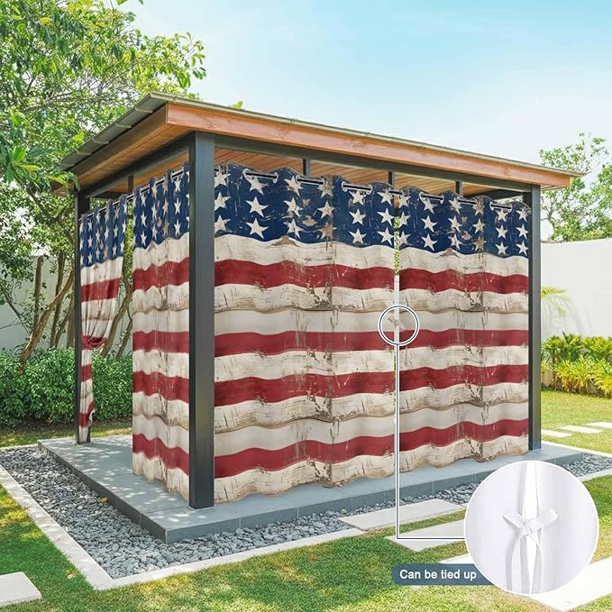 4th of July Outdoor Curtains for Patio USA Flag Independence Day Vintage Waterproof Outside Curtains with Grommet Top Weatherproof Curtain for Cabana Pergola Gazebo, 1 Panel, 54" W x 84" L