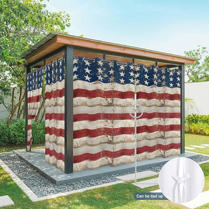 4th of July Outdoor Curtains for Patio USA Flag Independence Day Vintage Waterproof Outside Curtains with Grommet Top Weatherproof Curtain for Cabana Pergola Gazebo, 1 Panel, 54" W x 84" L