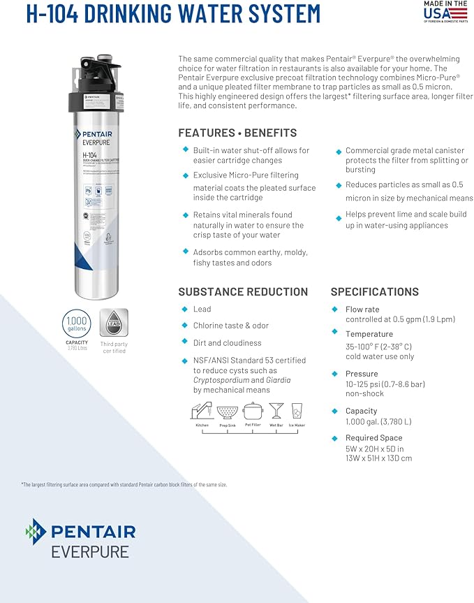 Pentair Everpure H-104 Quick-Change Filter Cartridge, EV961211, For Use in Everpure H-104 Drinking Water System, 1,000 Gallon Capacity, 0.5 Micron