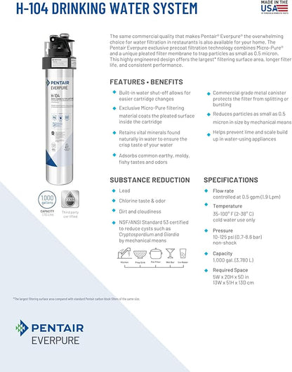 Pentair Everpure H-104 Quick-Change Filter Cartridge, EV961211, For Use in Everpure H-104 Drinking Water System, 1,000 Gallon Capacity, 0.5 Micron