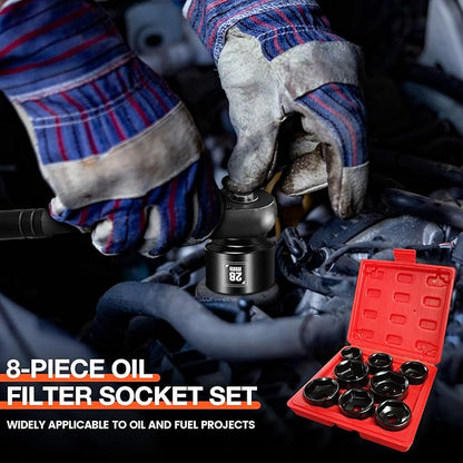 BLACKROBOT 8 Pieces 3/8” Drive Low Profile Oil Filter Socket Set, Metric Size 24mm 27mm 28mm 29mm 30mm 32mm 36mm 38mm, Chrome Vanadium Steel, 6 Point, Oil Filter Cap Remover and Installer Tool Set