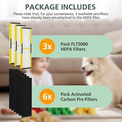 3 Pack FLT5000 HEPA Filter C Replacement with 6 Pack Activated Carbon Pre-Filters Compatible with G-guardian Air Purifier AC5000 AC5000E AC5250PT AC5350B AC5350BCA AC5350W AC5300B CDAP5500 (3+6)