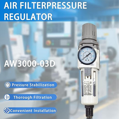 XingNEeng 3/8" NPT Compressed Air Filter Regulator Combo Piggyback, Water/Oil Trap Separator with Pressure Gauge(0-150 psi), Auto Drain, Poly Bowl, 5 Micron Brass Element, Metal Bracket