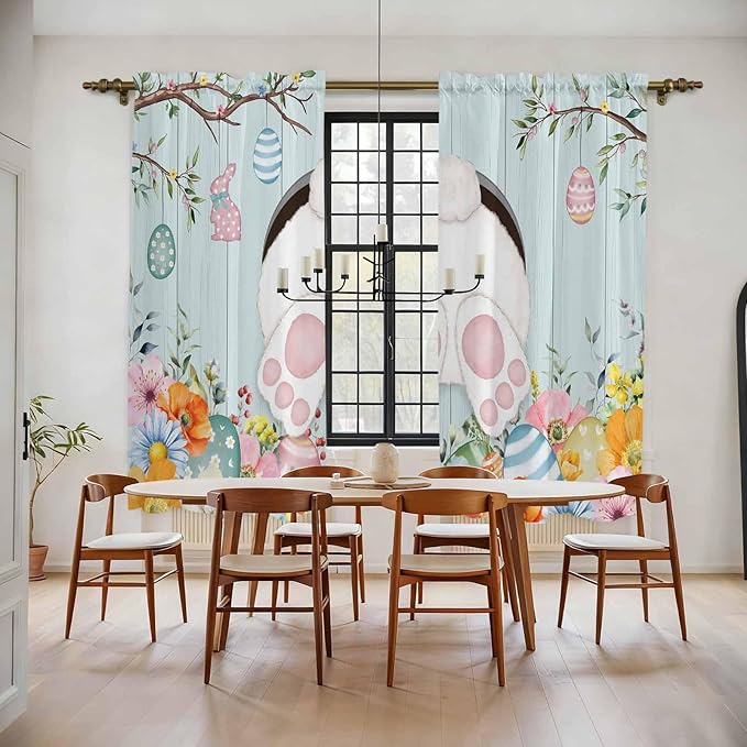 Easter Bunny Window Curtains 72 Inch Long 2 Panel Set,Rod Pocket Long Curtains & Drapes,Easter Eggs Spring Farmhouse Wood Grain Teal Blue Light Filtering Window Treatment for Bedroom 52"W x 72"L