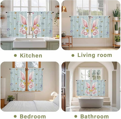 Easter Kitchen Curtains 54 Inch Long 2 Panel Set, Rod Pocket Window Curtains Panels, Spring Rabbits Ears Feet Flowers Wooden Grain Light Filtering Privacy Draperies for Bedroom Laundry 42"W x 54"L
